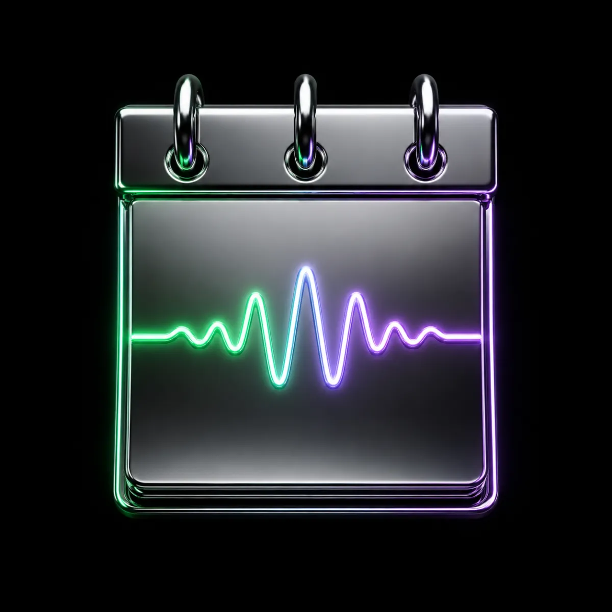 A glossy chrome desk calendar page with a glowing signal waveform running across its face, marking a week of calls against outcomes.