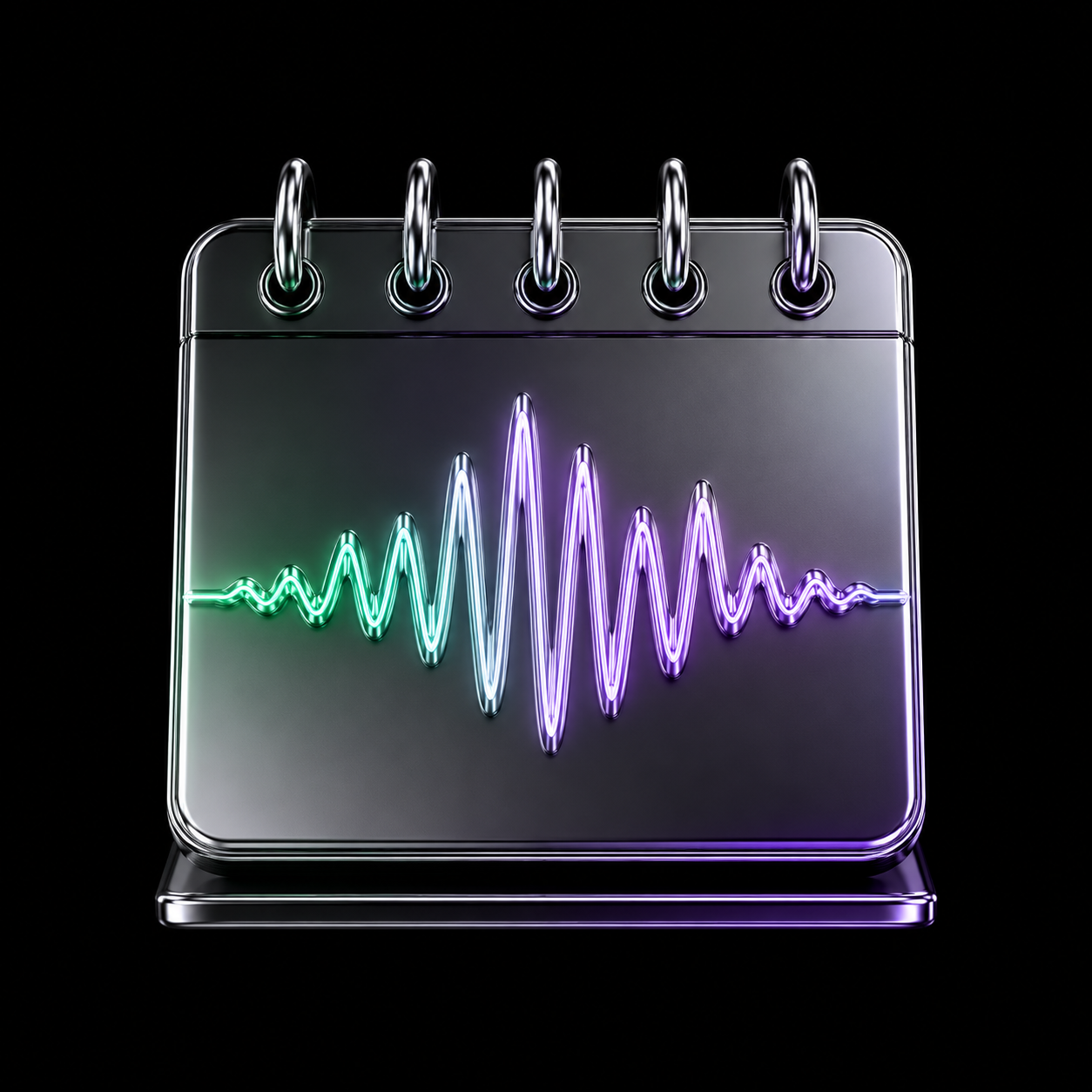 A glossy chrome desk calendar page with a glowing signal waveform running across its face, marking a week of calls against outcomes.
