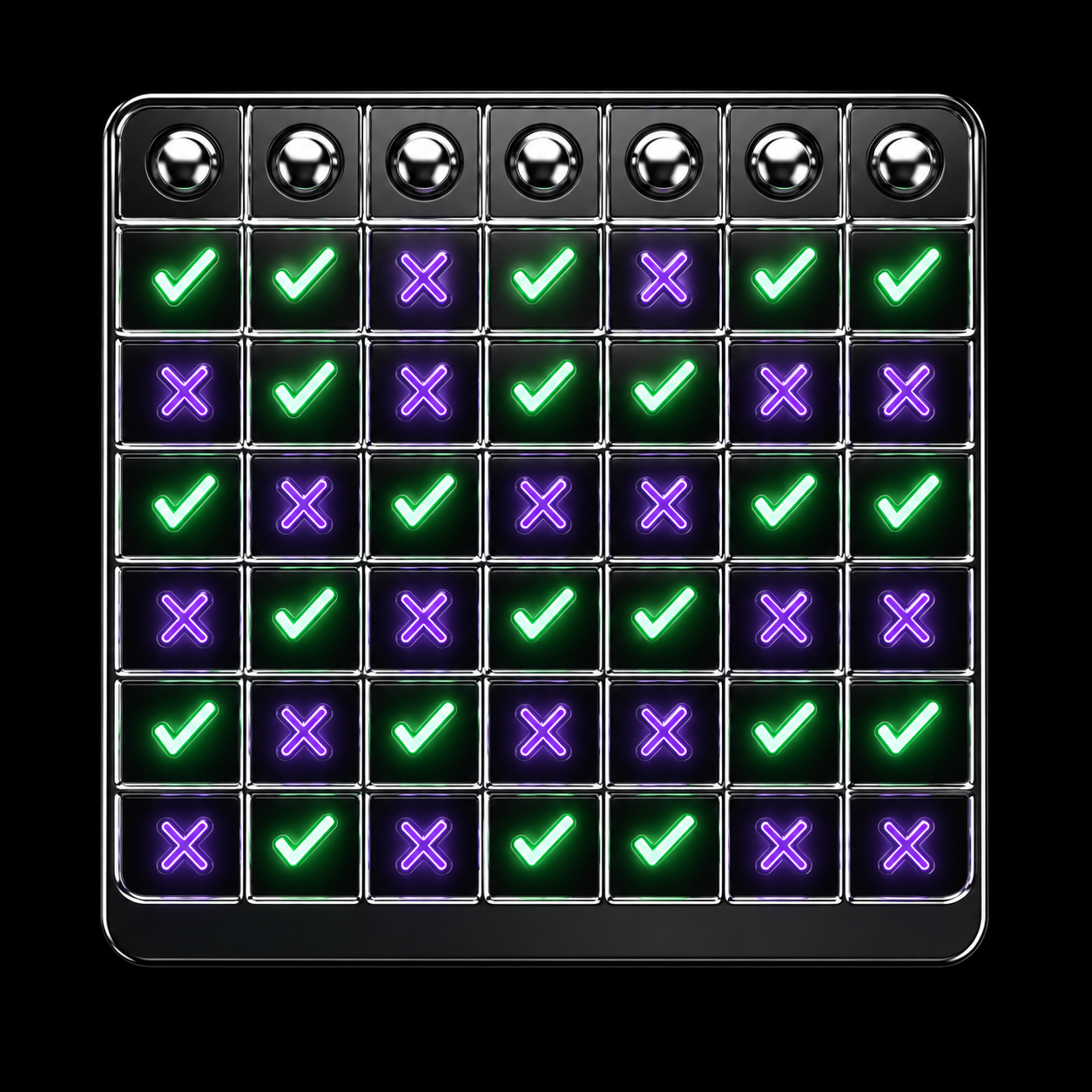 A glossy chrome scorecard grid with green neon check marks and violet crosses, tallying a week of calls against outcomes.