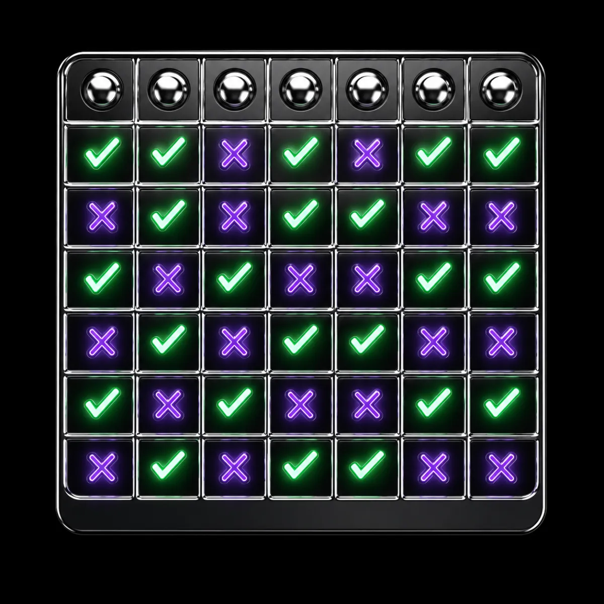 A glossy chrome scorecard grid with green neon check marks and violet crosses, tallying a week of calls against outcomes.