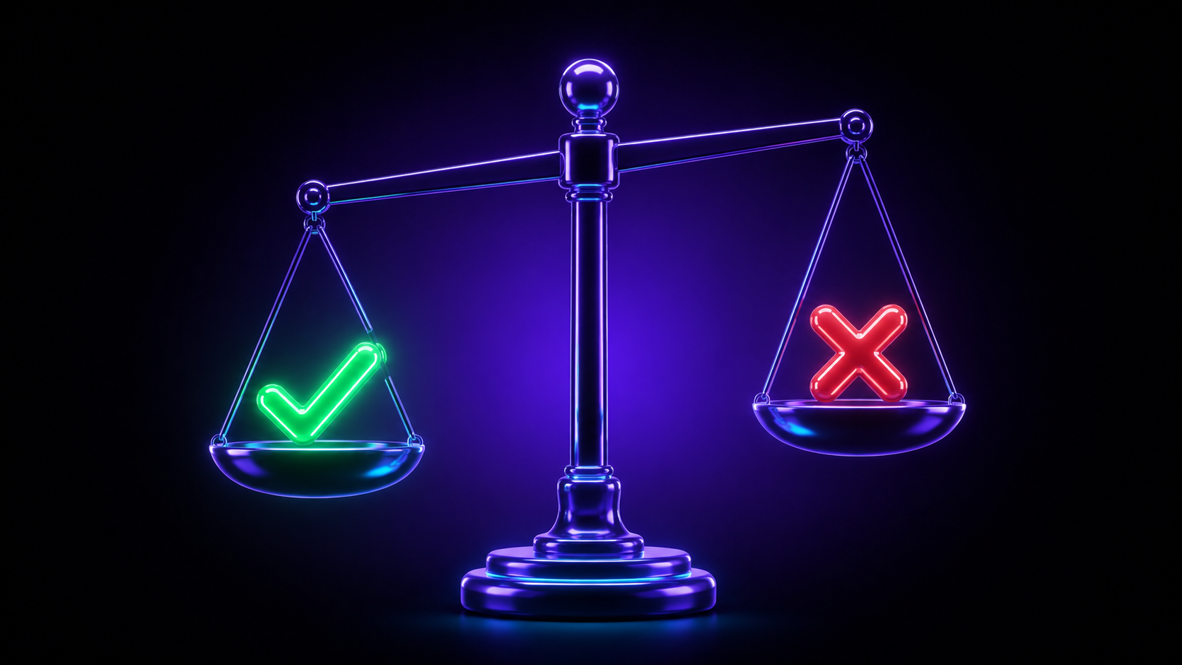 A glossy neon balance scale weighing a green check mark against a red cross, the beam tipping toward the green side.