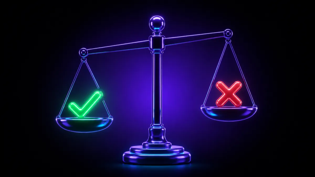 A glossy neon balance scale weighing a green check mark against a red cross, the beam tipping toward the green side.