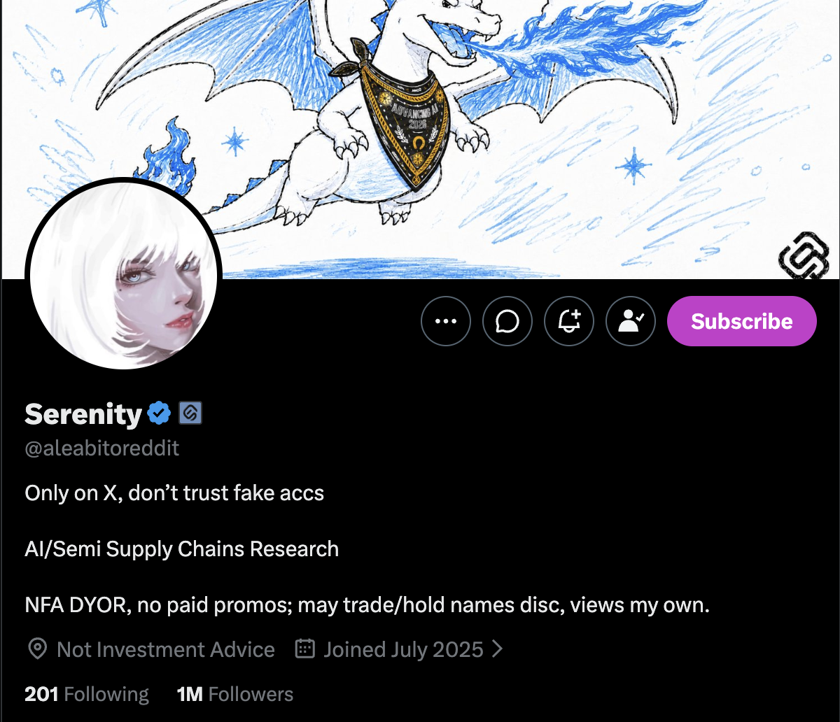 The aleabitoreddit X profile: display name Serenity, a white-haired anime avatar, the bio "AI/Semi Supply Chains Research", joined July 2025, one million followers.