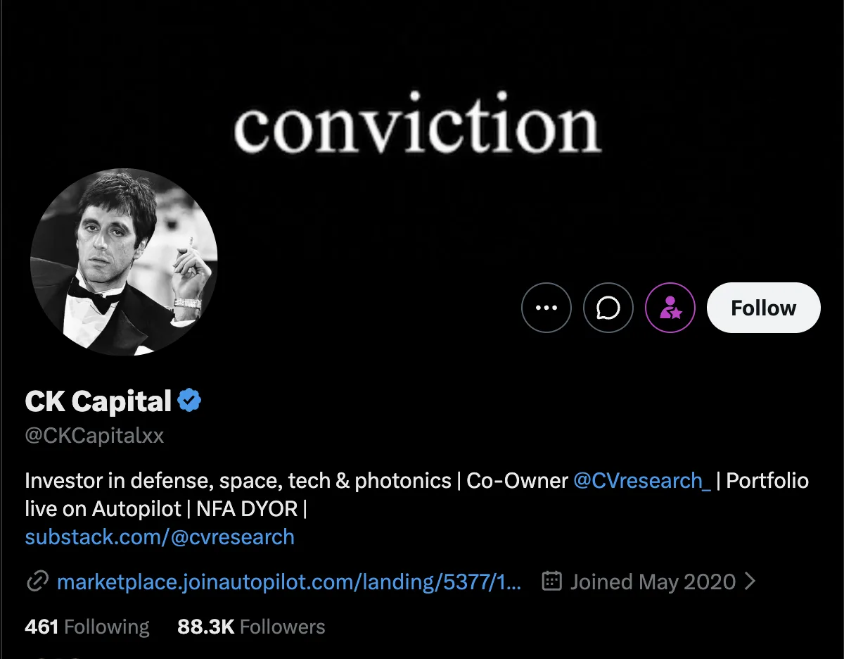 The CK Capital X profile: a plain black banner with the single word "conviction", a monochrome avatar of a tuxedoed film star with a cigarette, the bio "Investor in defense, space, tech & photonics | Co-Owner @CVresearch_ | Portfolio live on Autopilot | NFA DYOR", joined May 2020, 88.3K followers.