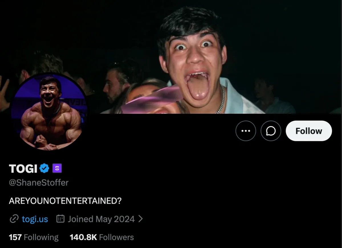 The TOGI X profile: a dark party-photo banner, a round avatar, the verified name TOGI, the handle @ShaneStoffer, the bio "AREYOUNOTENTERTAINED?", a link to togi.us, joined May 2024, 157 following and 140.8K followers.