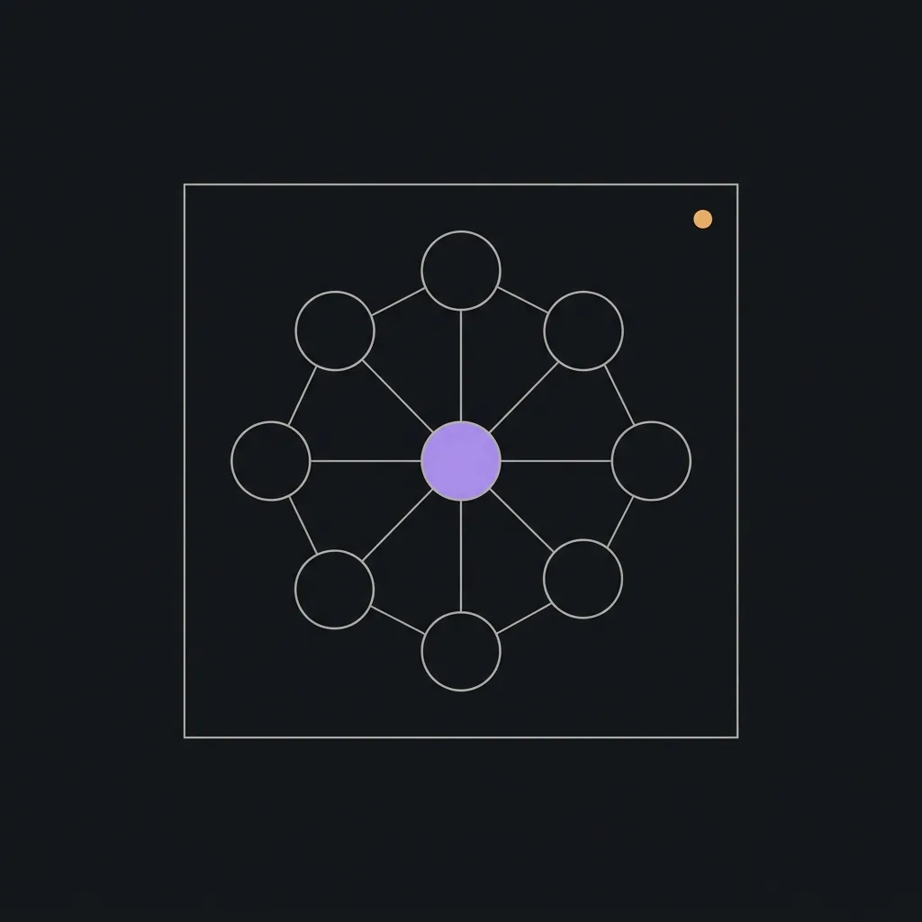 A small network of hairline-outlined circles joined by thin lines, sitting inside a larger outlined square, with the central node filled flat lavender and a tiny amber dot in the square's top right corner.