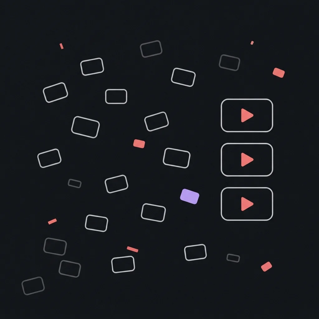 A loose scatter of small empty outlined screens on a dark charcoal background, with a few lifted out into a neat column on the right, each holding a flat coral play button.