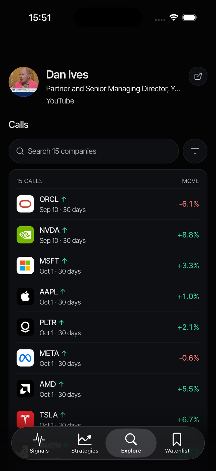 Dan Ives's speaker page in the Quantral app: his calls on Oracle, Nvidia, Microsoft, Apple and Palantir, each with how the stock has moved since.