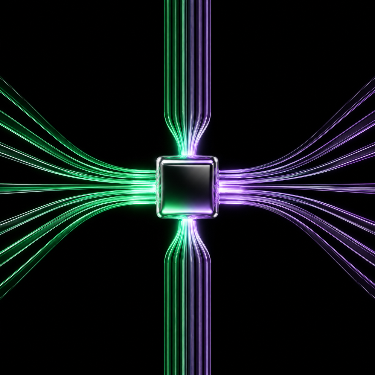 Thin ribbons of light streaming in from different directions and converging into a single polished chrome cube.