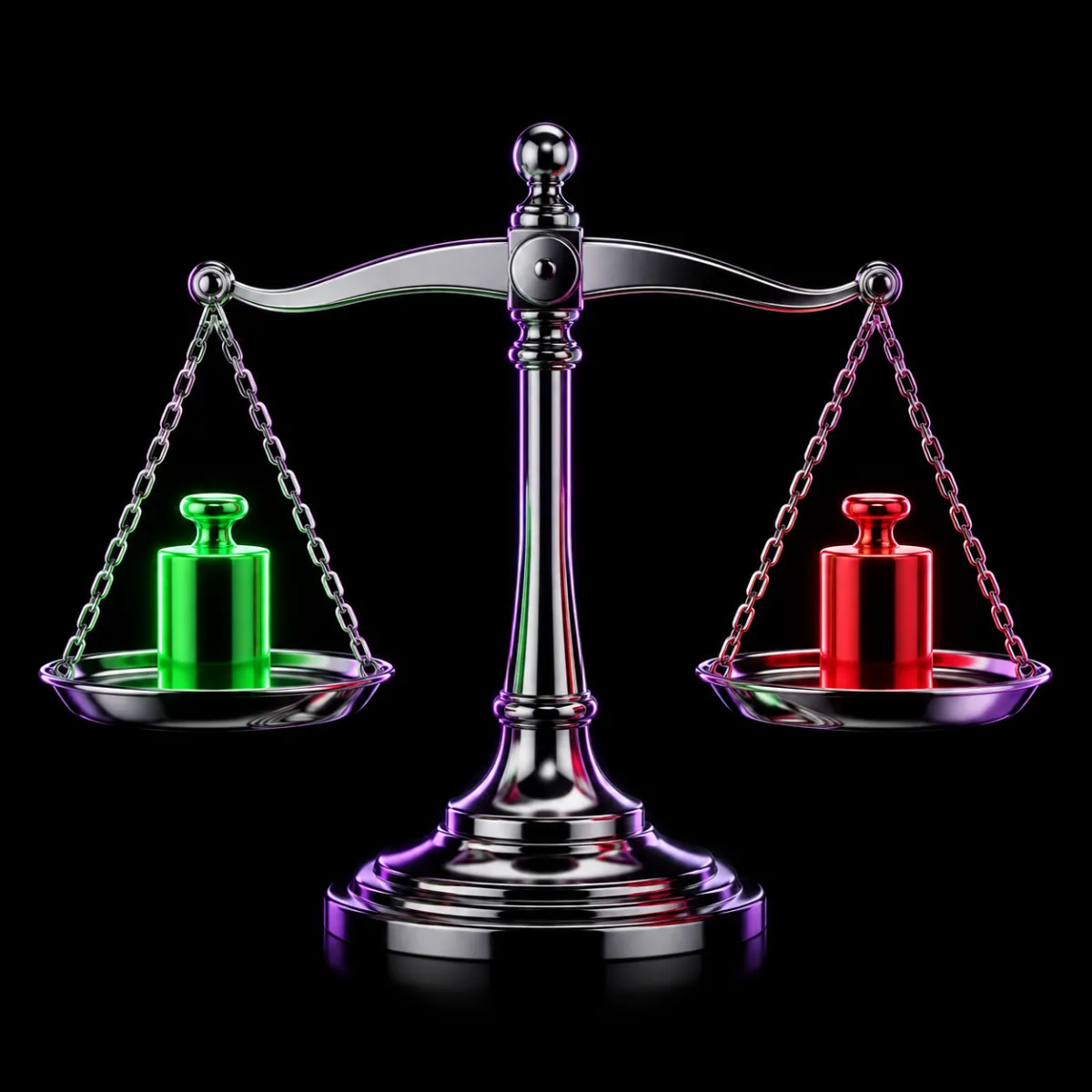 A glossy chrome balance scale with a glowing green weight on one side and a red weight on the other, illustrating a stock's case weighed from both directions.