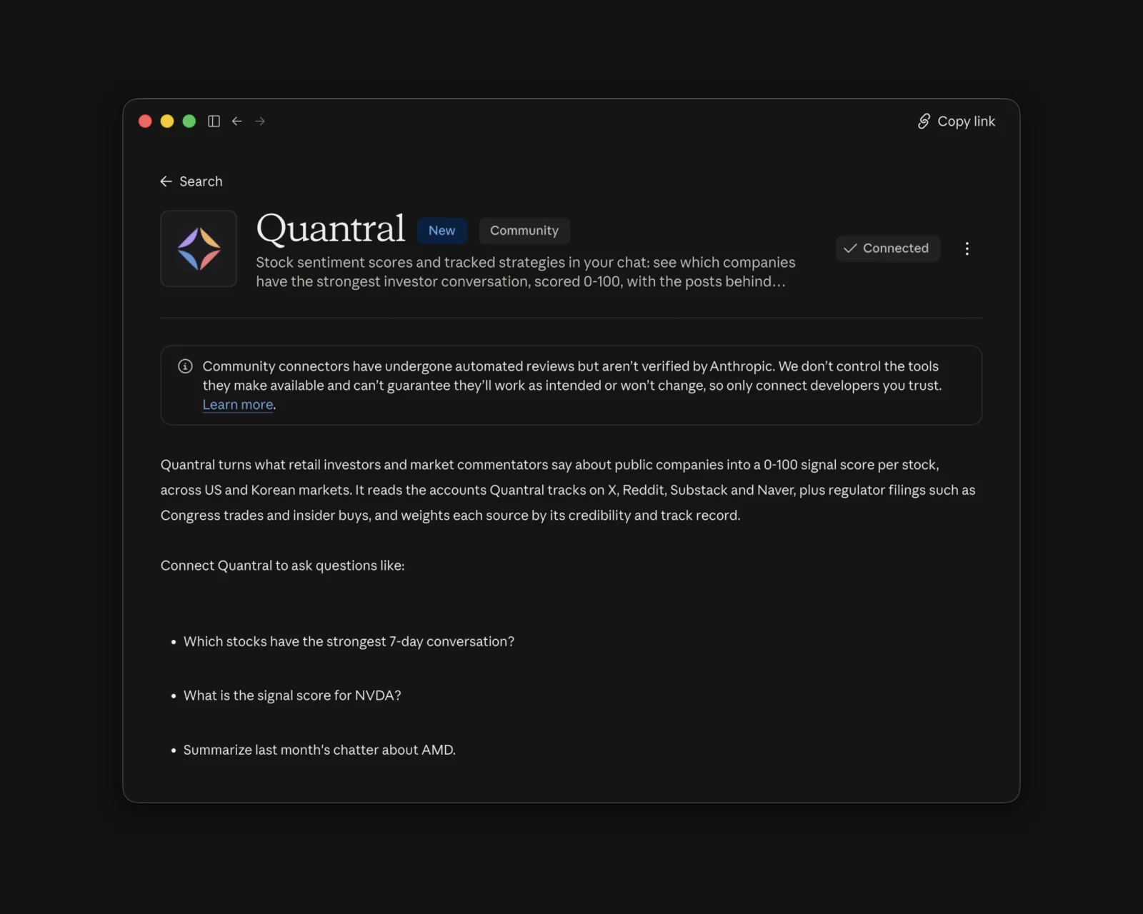 Quantral's listing in Claude's connector directory, marked New and Community, with a Connected badge where the add button was.