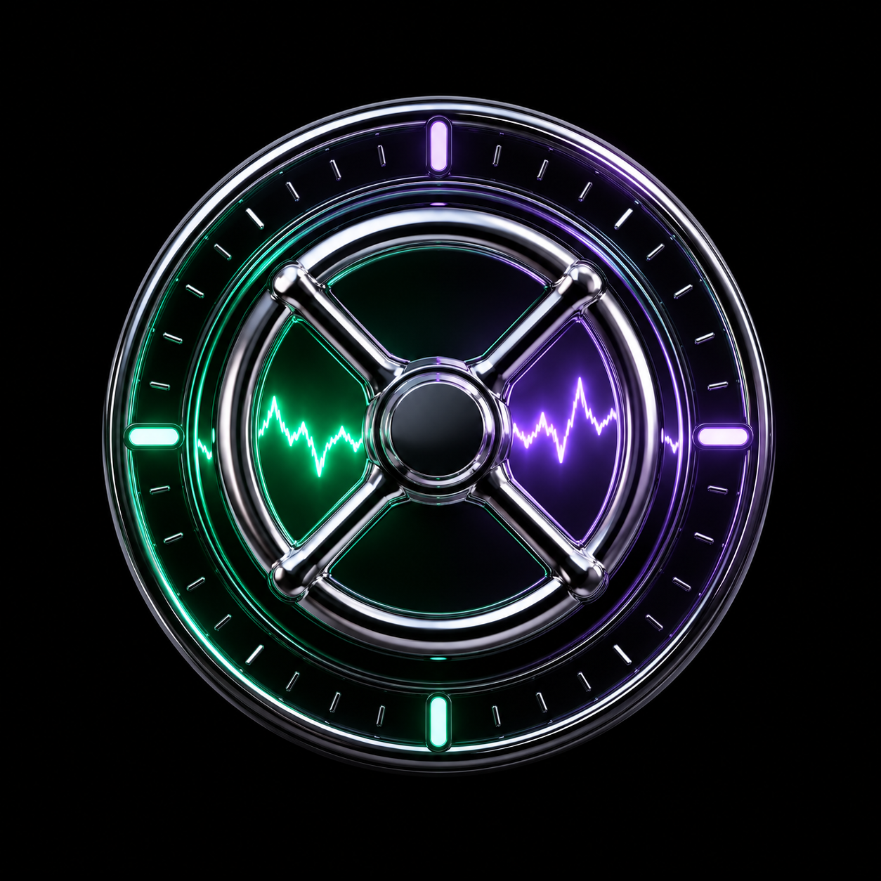 A chrome valve dial with a glowing stock waveform rising and falling as the dial turns, illustrating interest rates governing the level of share prices.