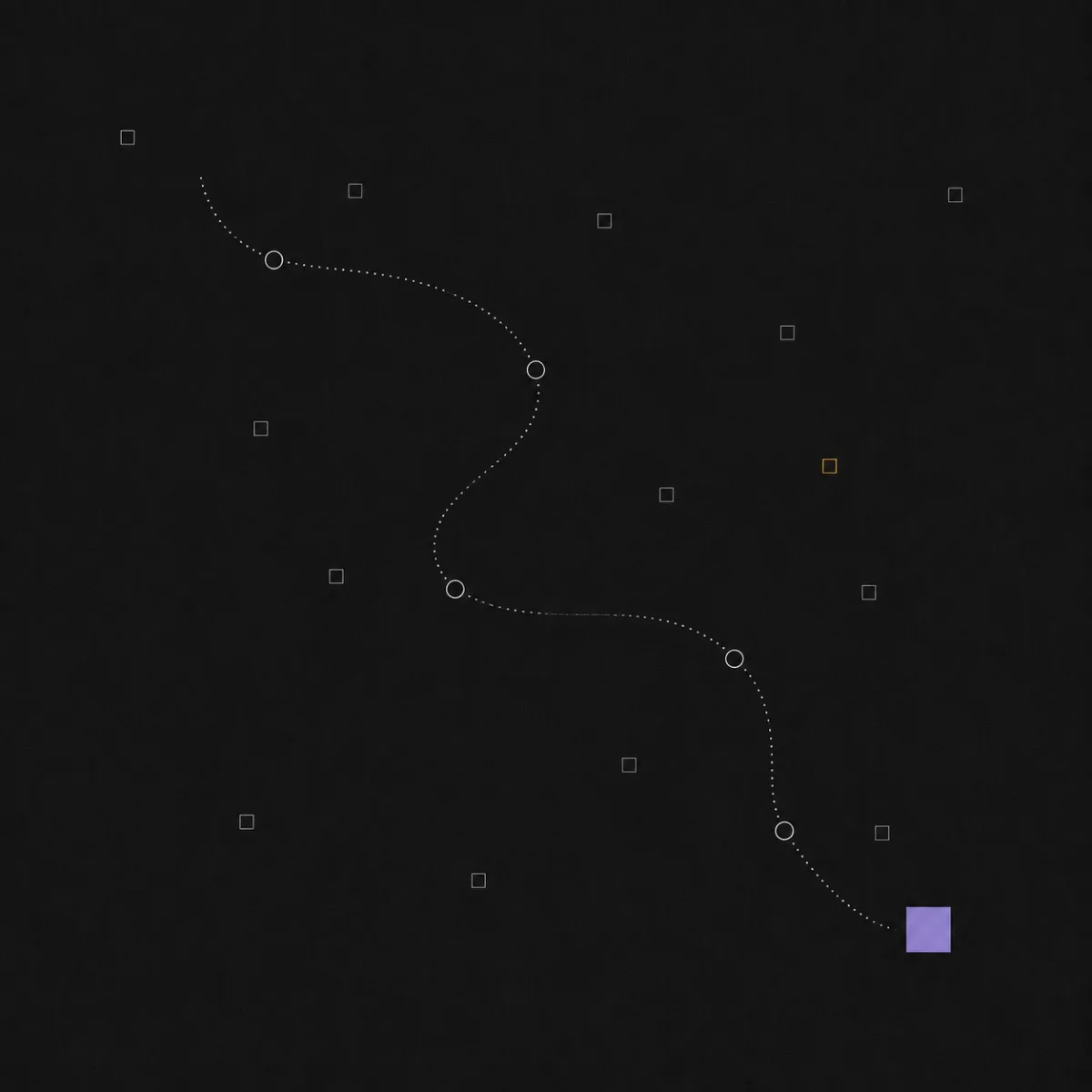A dotted path winding through a scattered field of small outlined squares, passing five waypoints and ending at a single lavender square, illustrating a five-step path from the whole market to one researched stock.