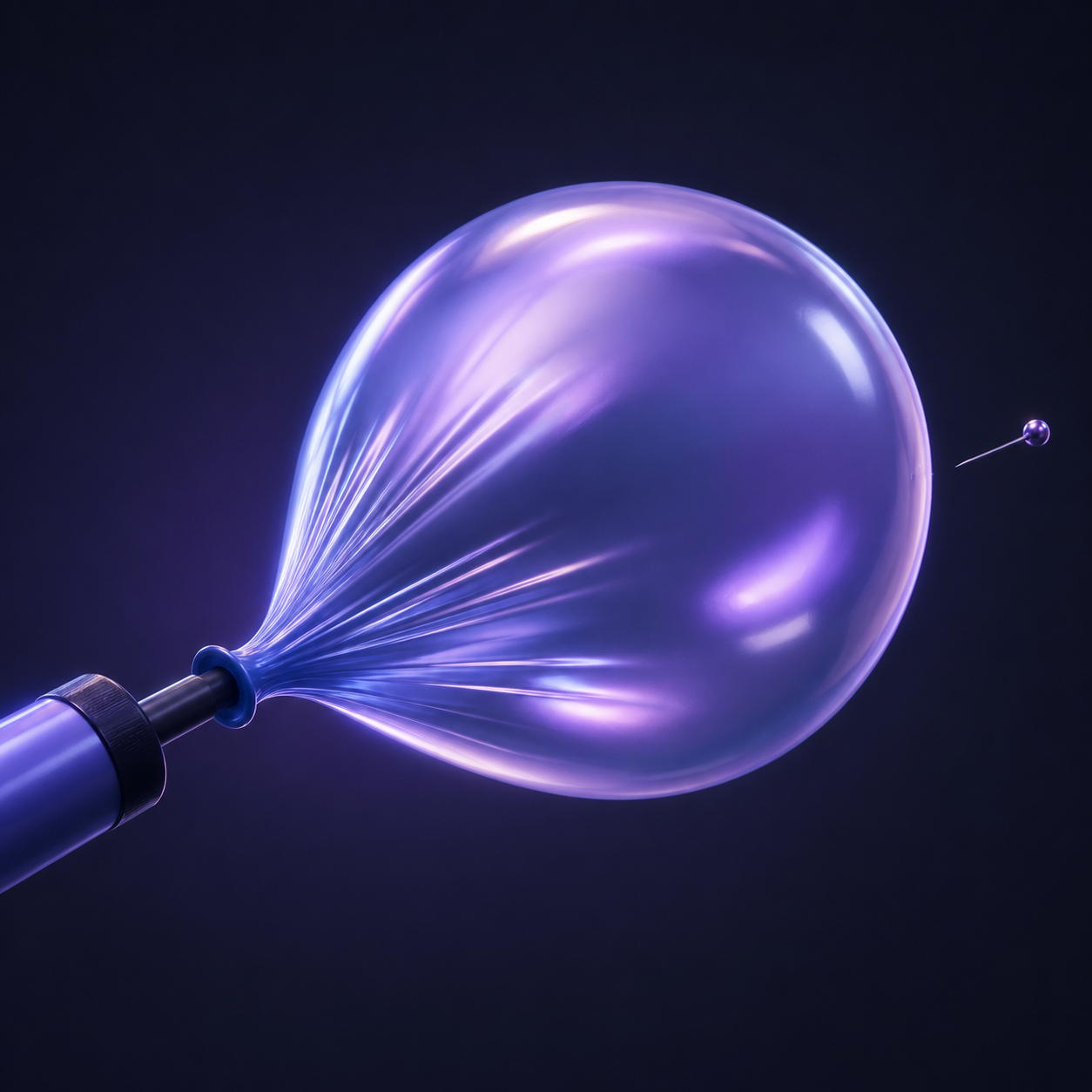 A glossy balloon being inflated by a pump, with a small hidden pin nearby, illustrating a manufactured rise about to pop.