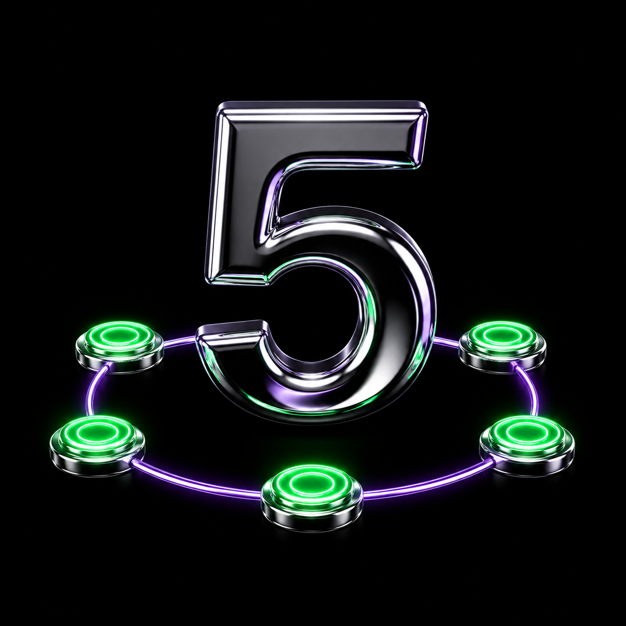 A glossy chrome number five on a black background surrounded by five glowing green step markers, illustrating a five-step tutorial.