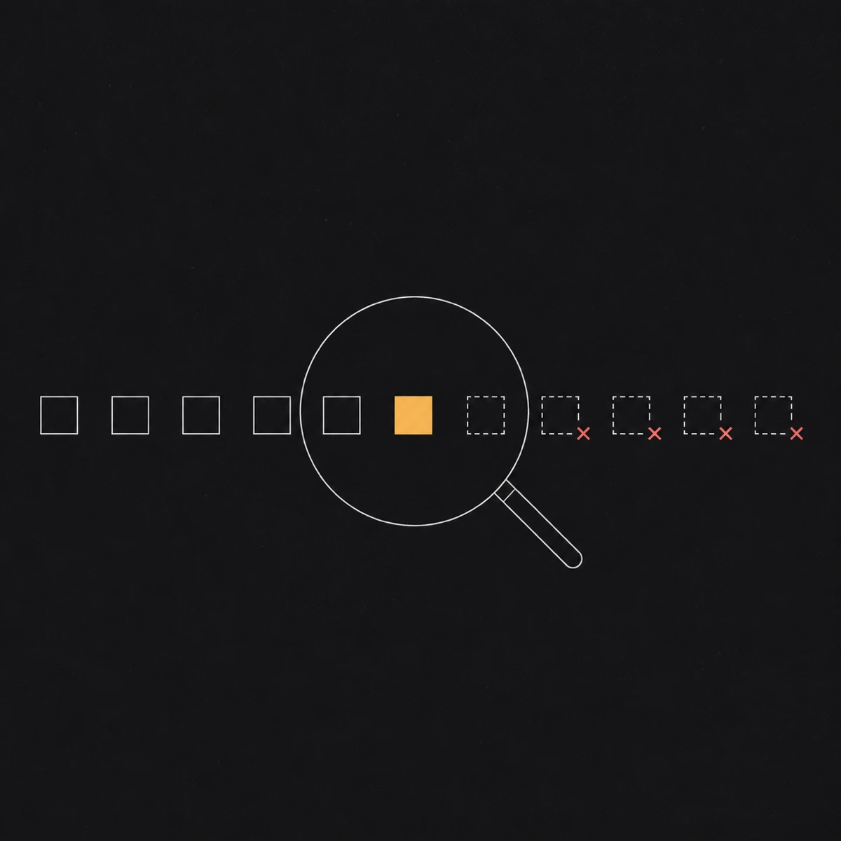 A row of small outlined squares passing through a large hairline magnifying lens, most emerging as broken outlines marked with small coral crosses and one emerging as a solid amber square, illustrating performance claims being verified one by one.