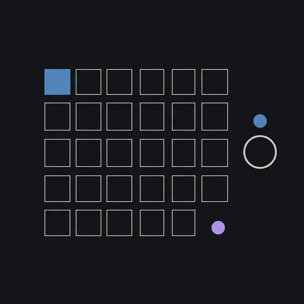 A calendar grid of thin hairline squares on charcoal with the first square filled slate blue, and beside it a small slate-blue dot sitting above a larger outlined circle, plus one small lavender dot.