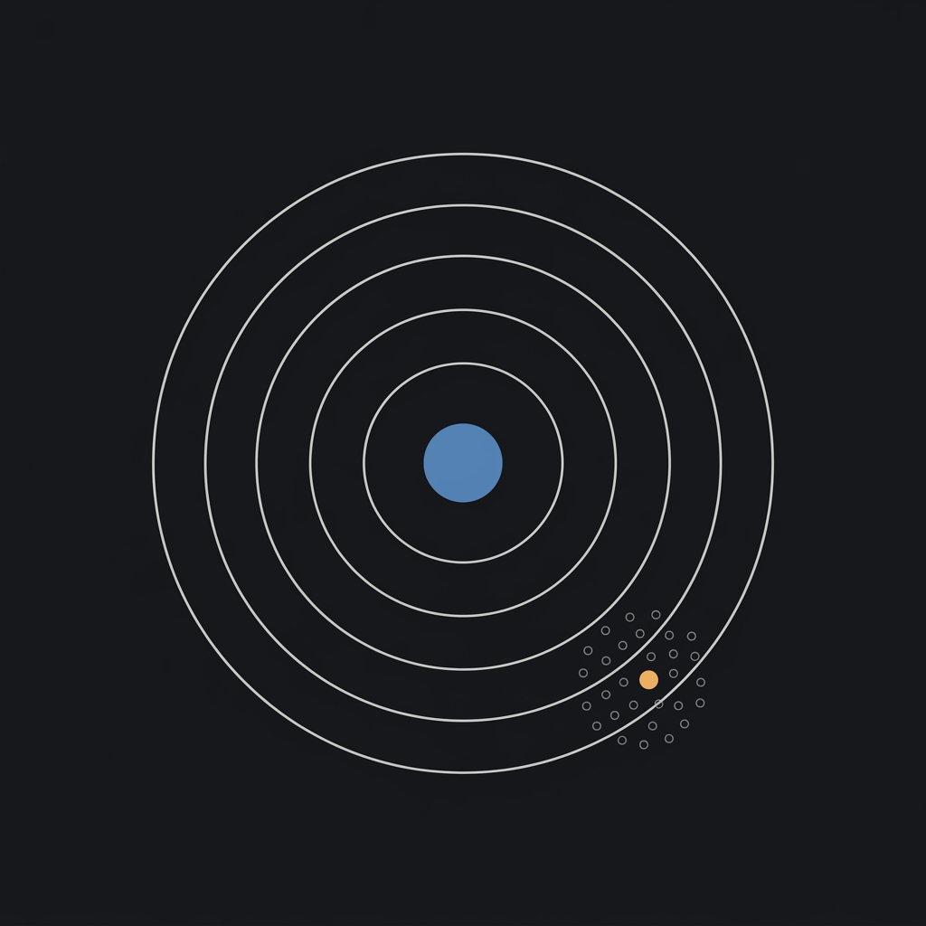 Concentric hairline rings around a solid slate-blue core, with a brief cluster of small dots touching only the outermost ring, illustrating a long-term holding whose core sits untouched by this week's crowd chatter.