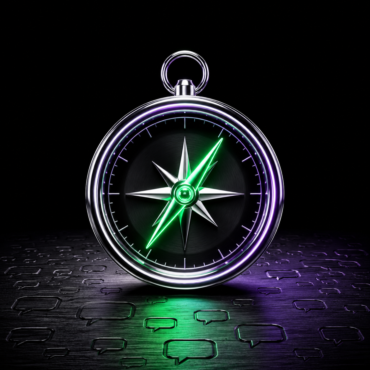 A chrome compass with a glowing emerald needle resting on a dark map of scattered market chatter icons, illustrating orientation for a beginner investor.