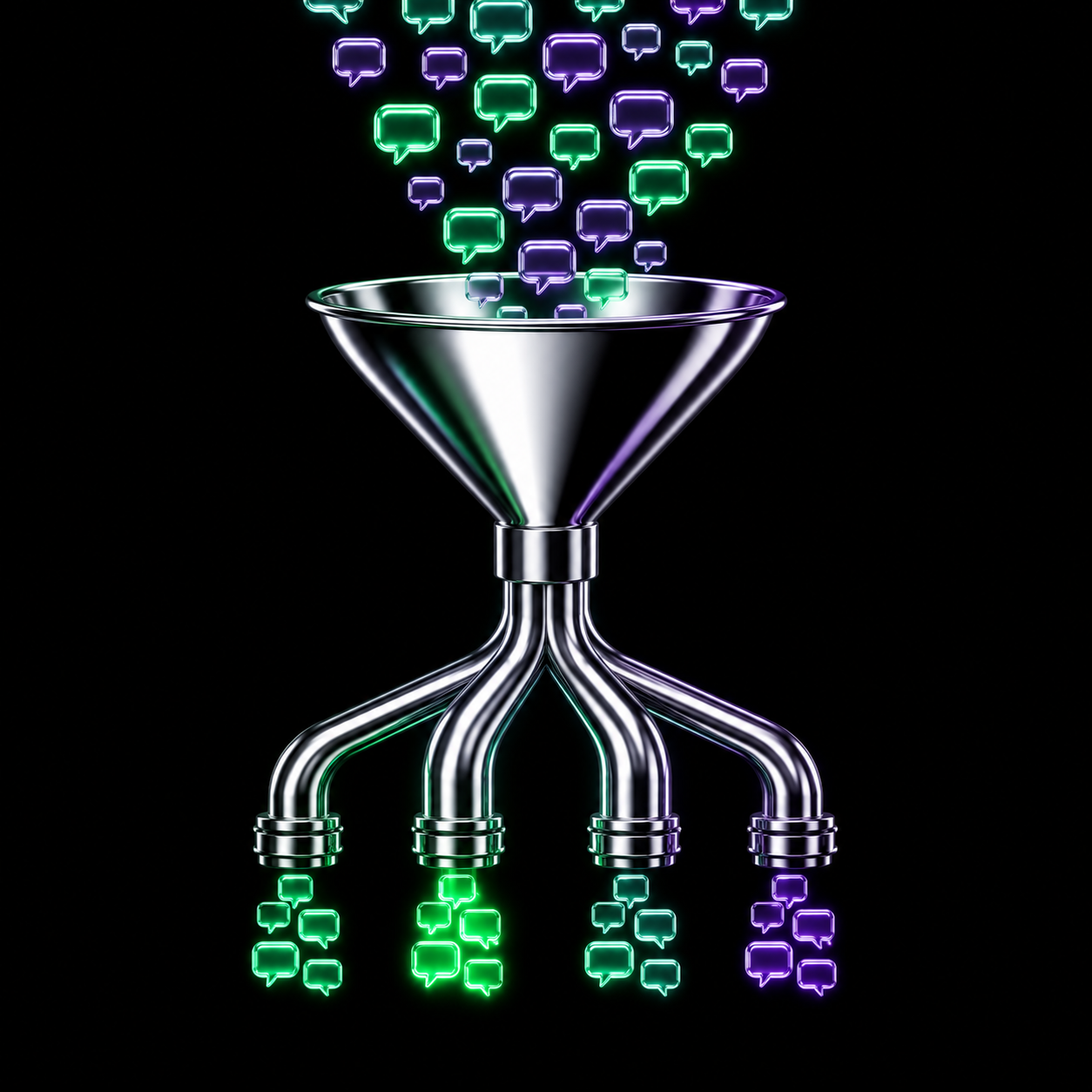 A polished chrome funnel sorting a stream of glowing green and violet speech bubbles into four metal channels, illustrating tools that process market chatter.