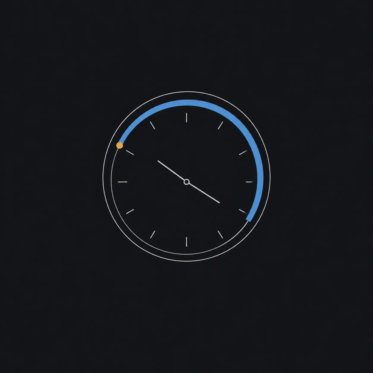 A single hairline clock face on charcoal with one slate-blue arc covering the stretch of the trading day, starting at a small amber dot.