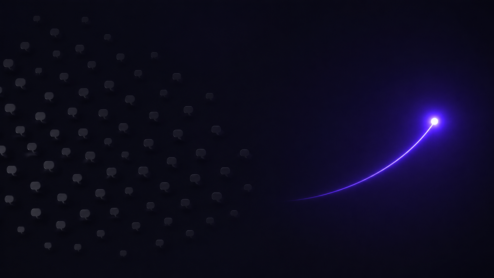 A scattered grey field of dots fading into the dark on the left, and a single bright violet line rising and glowing on the right: noise on one side, a clear signal on the other.