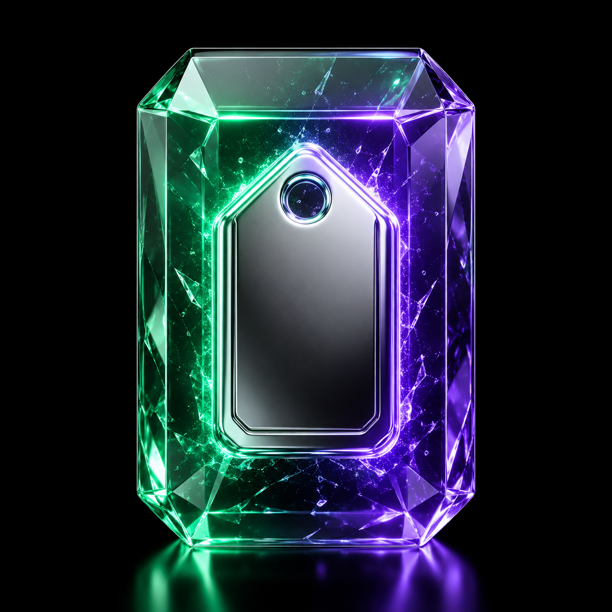 A glossy chrome price tag sealed inside a glowing crystal block as if its value is already locked in, illustrating information that is fully reflected in a stock's price.
