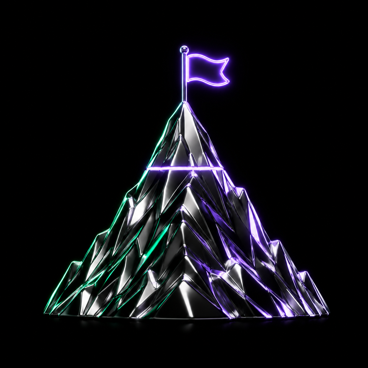 A glossy chrome mountain peak with a small glowing flag planted at the very top and a faint altitude line marked beneath it, illustrating a stock reaching the top of its yearly range.
