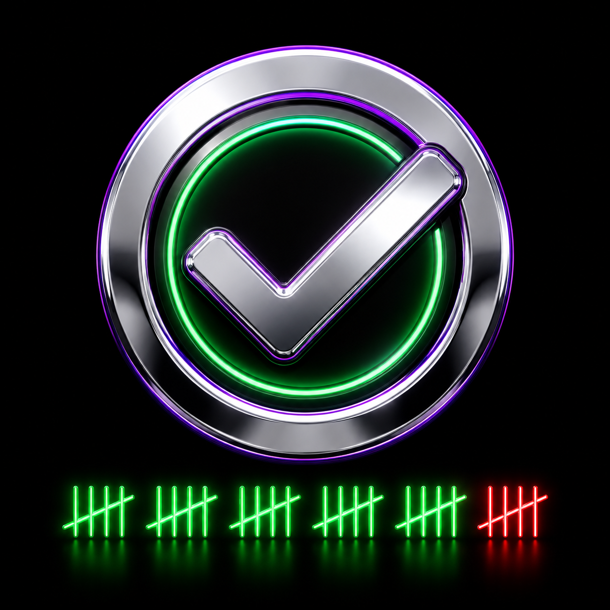 A glossy chrome badge stamped with a checkmark, sitting on a stack of small green and red track-record marks, illustrating a reputation earned over time.