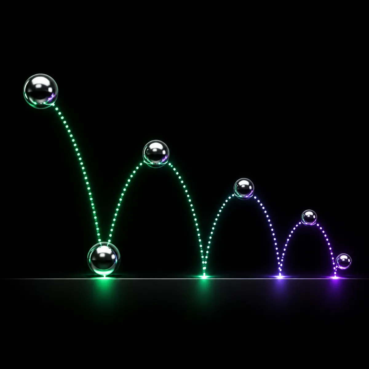 A glossy chrome ball mid-bounce with a dotted arc trail showing each bounce smaller than the last, illustrating a brief recovery inside a longer decline.