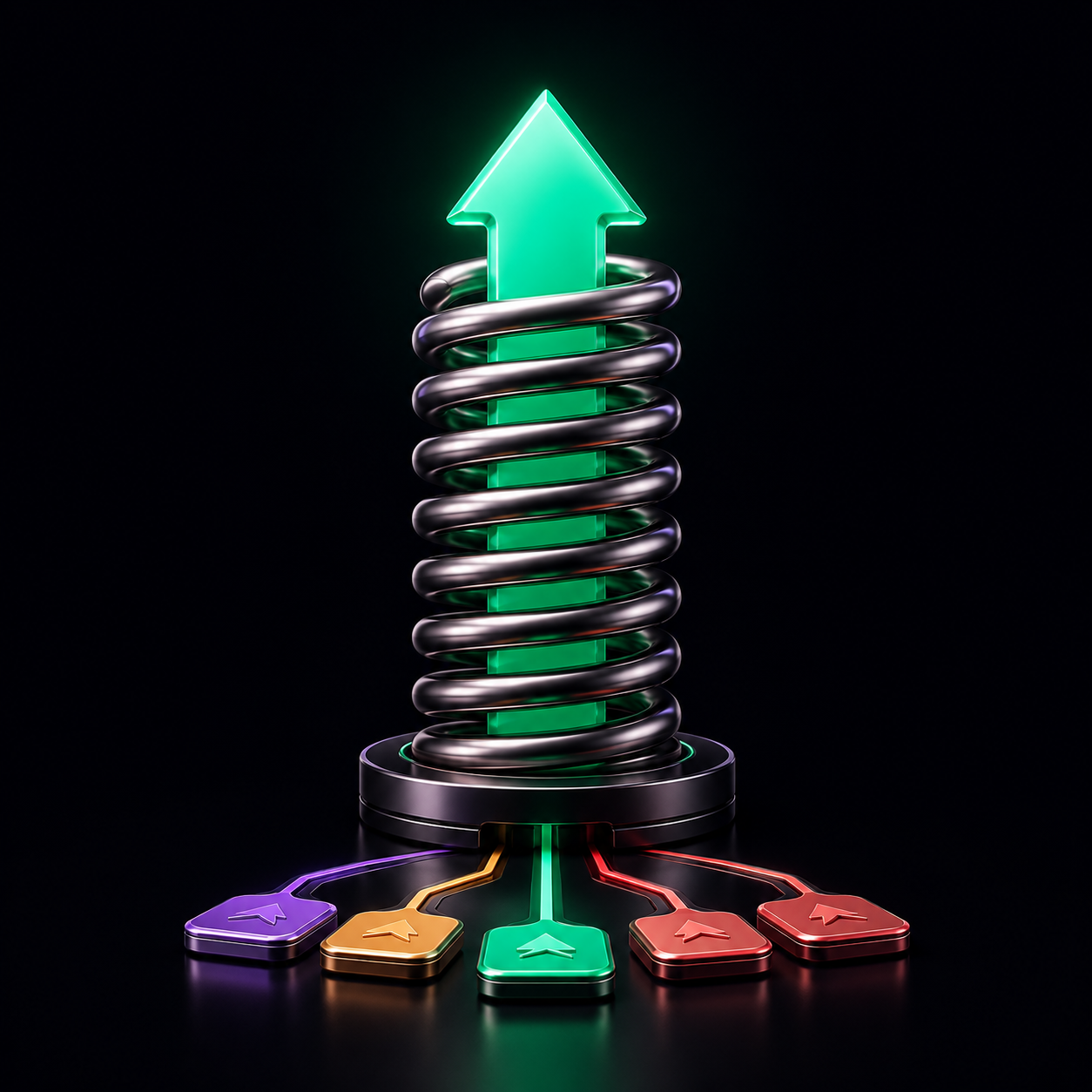 A glossy coiled spring wound around an upward arrow, with small option-contract tiles feeding into it, illustrating an options-driven feedback loop.