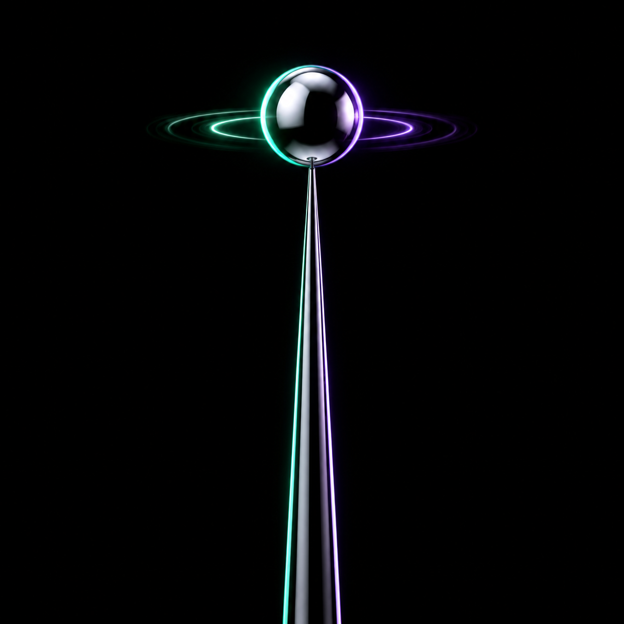 A glossy chrome sphere balanced on the tip of a tall thin metallic needle, illustrating how precariously a low float stock's price sits on a small supply of tradable shares.
