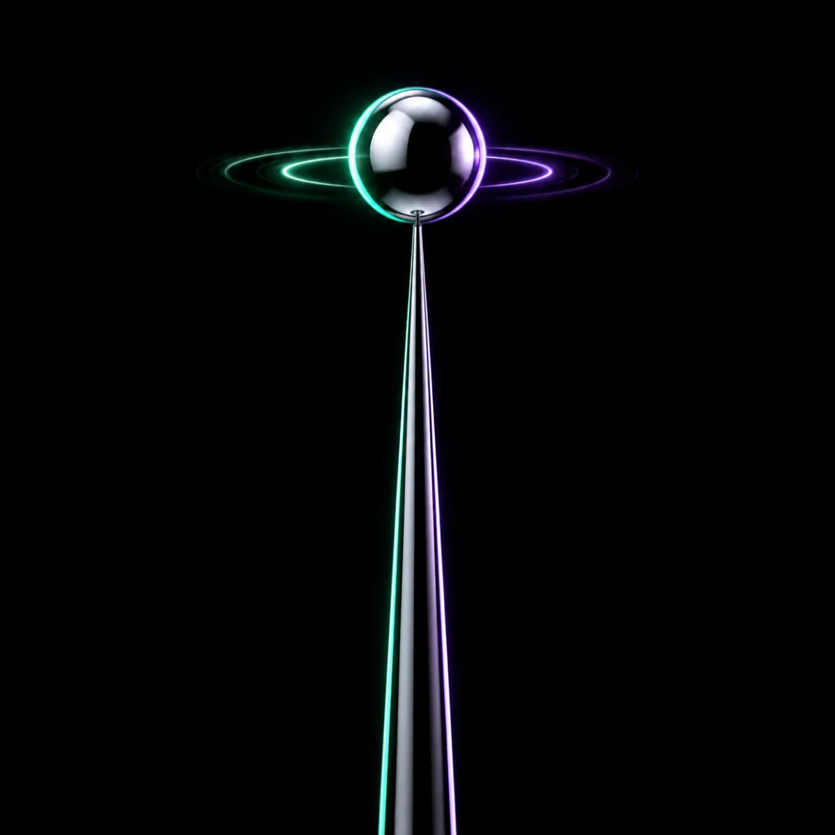 A glossy chrome sphere balanced on the tip of a tall thin metallic needle, illustrating how precariously a low float stock's price sits on a small supply of tradable shares.