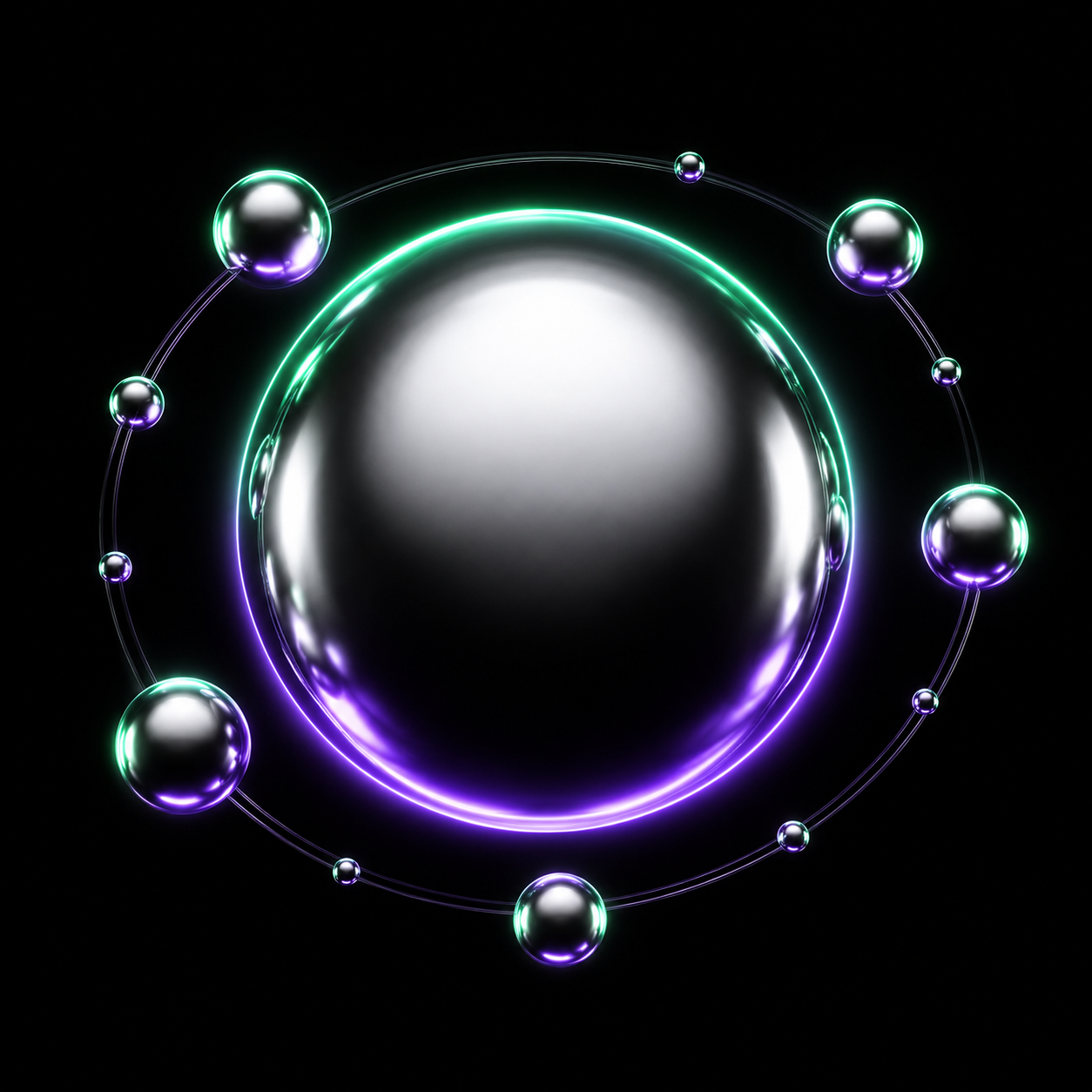 One enormous chrome sphere surrounded by several tiny orbiting spheres, the large one glowing brightest, illustrating how a few giant companies dominate the market around them.