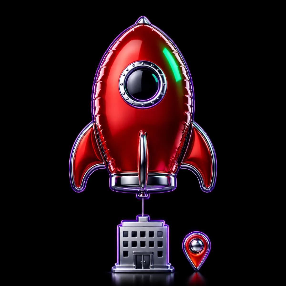 A glossy rocket emoji balloon inflated far bigger than the small company behind it, illustrating attention outrunning fundamentals.