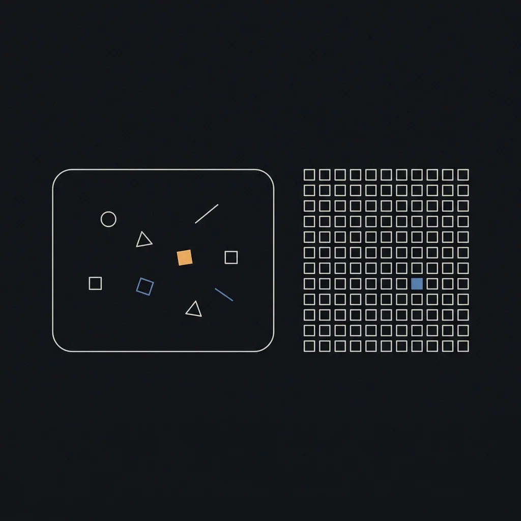 A wide hairline-outlined rounded rectangle holding a sparse scatter of small outlined shapes, beside a block packed edge to edge with a tight grid of identical squares, one of them filled slate blue.