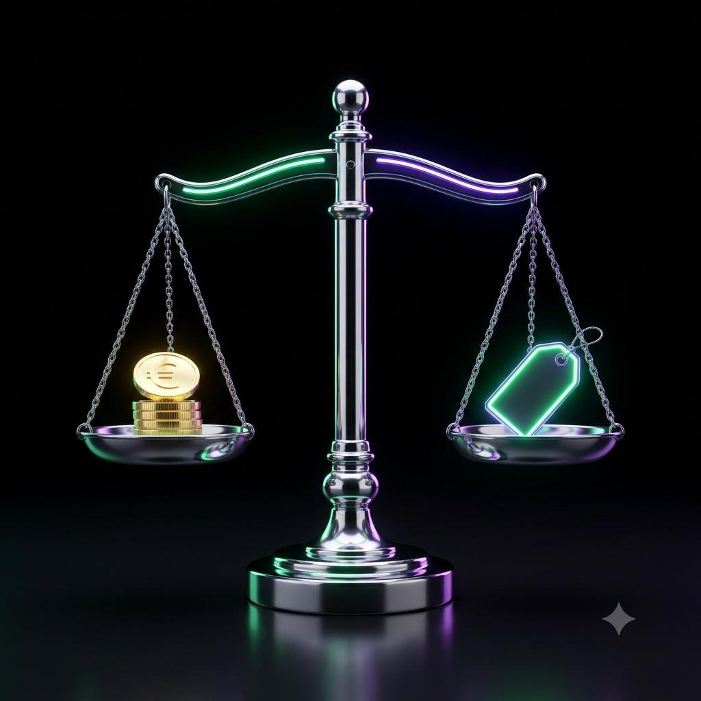 A chrome balance scale with a single glowing coin on one side and a tall stack of faint price bars on the other, illustrating what you pay for a company's earnings.
