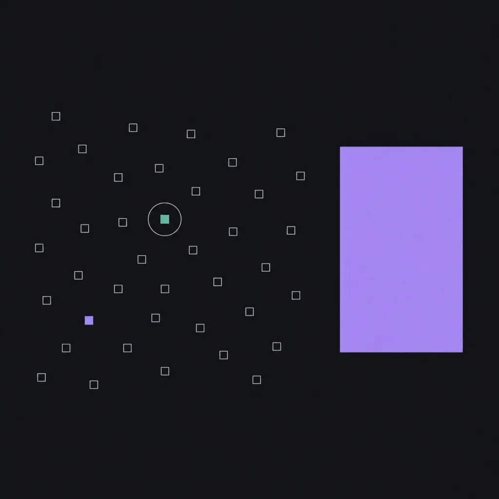 A field of small outlined squares beside one large filled block, with a single small square filled in teal and circled by a hairline ring.