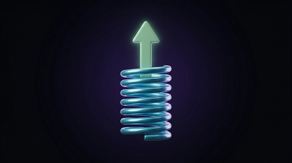 A glossy 3D coil spring compressed tight, with a green arrow launching upward off the top, illustrating stored pressure releasing.
