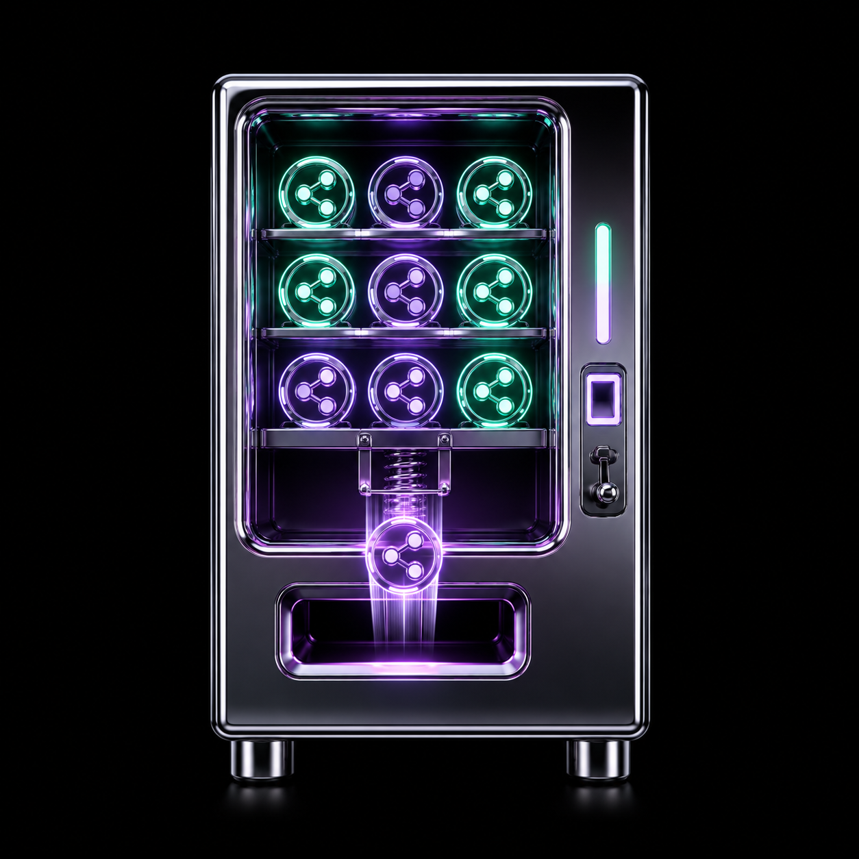 A chrome vending machine pulling a single glowing share token back inside itself while the remaining tokens glow brighter, illustrating a company buying back its own stock to concentrate value in the rest.