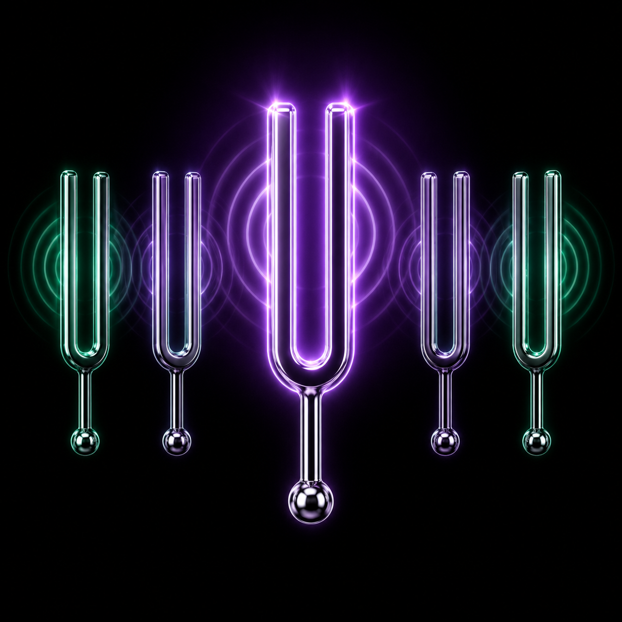 One chrome tuning fork struck and glowing while three nearby forks vibrate in response with fainter glows, illustrating one company's news setting related stocks moving.