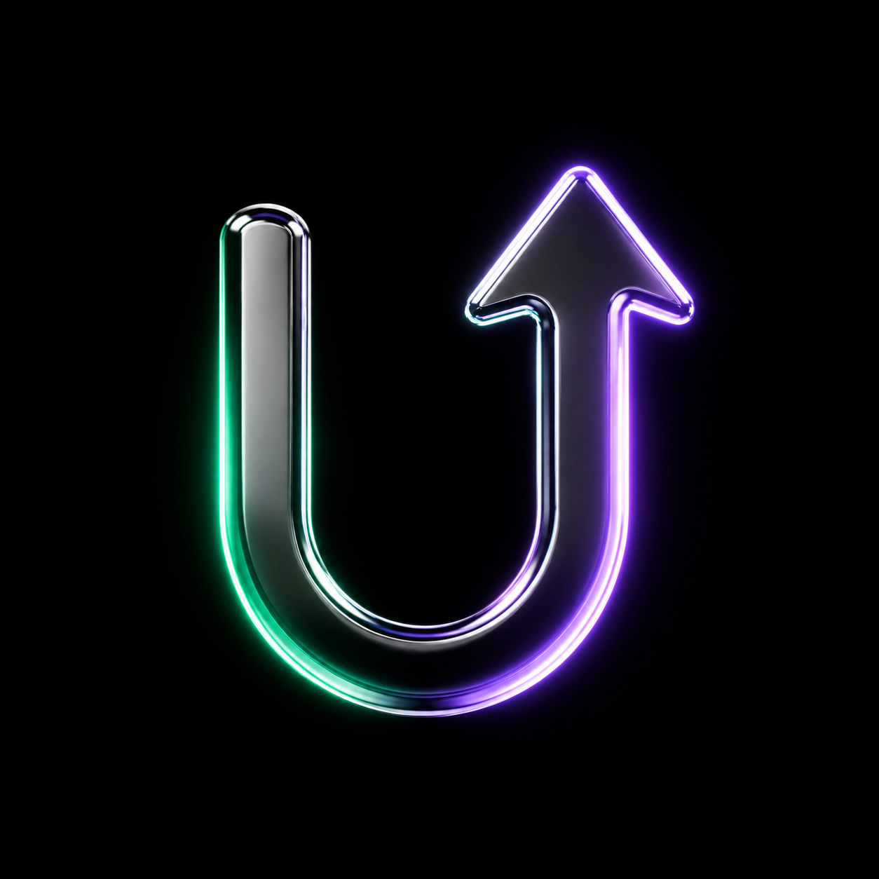 A glossy chrome arrow bent into a U-turn, curving from a dim downward stretch to a brightly glowing upward one, illustrating a company trying to reverse its decline.