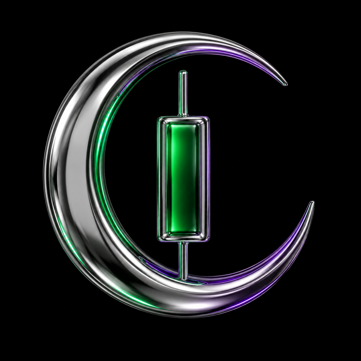 A glossy chrome crescent moon cradling a single softly glowing green candlestick bar, illustrating a stock still trading after hours, once the regular market has closed for the night.