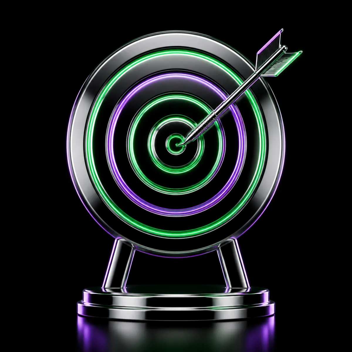 A glossy chrome dartboard with a metallic dart landed dead center, illustrating a company hitting the earnings target.