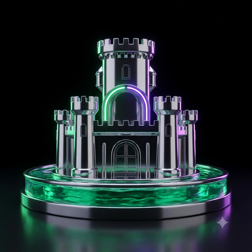 A chrome castle keep encircled by a glowing ring of liquid like a moat, illustrating a company protected from competitors by a durable advantage.