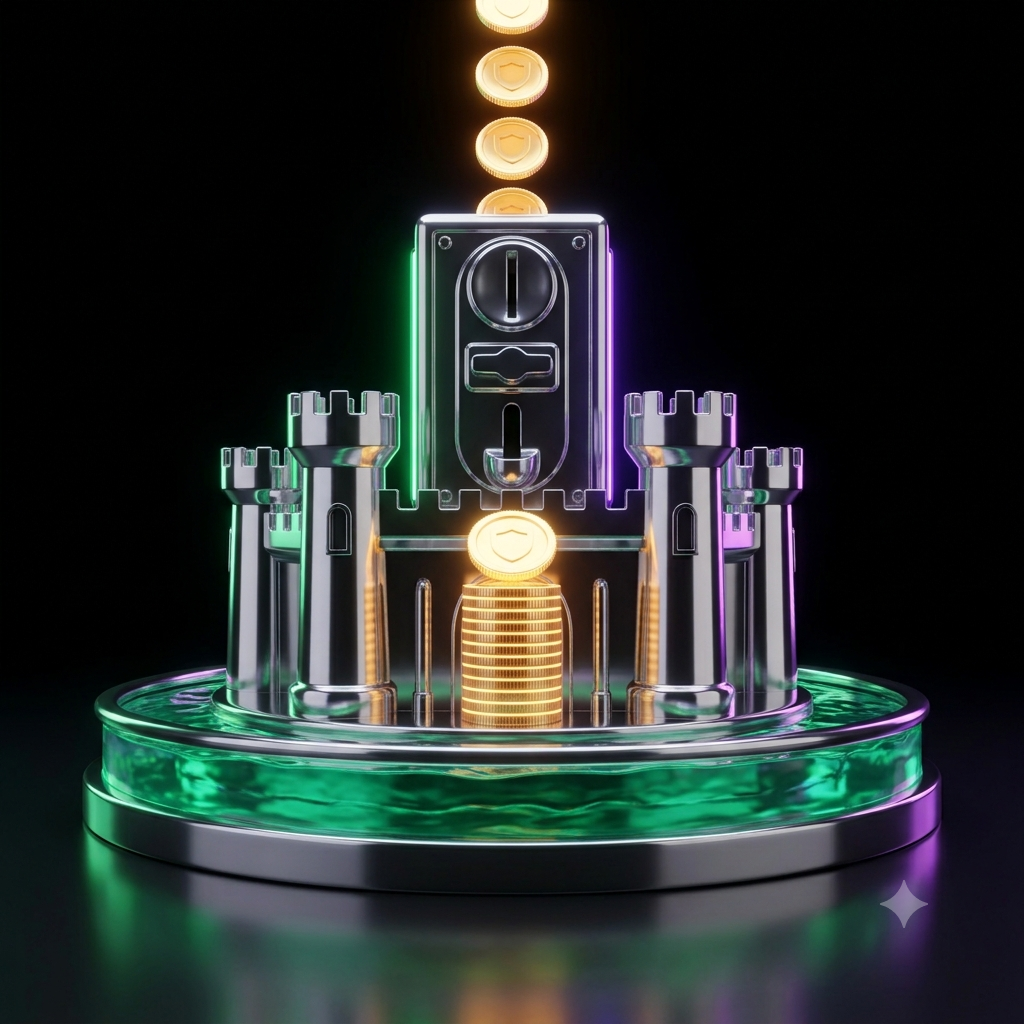 A chrome faucet releasing evenly-spaced identical glowing droplets into a rising pool, illustrating investing a steady amount on a regular schedule.