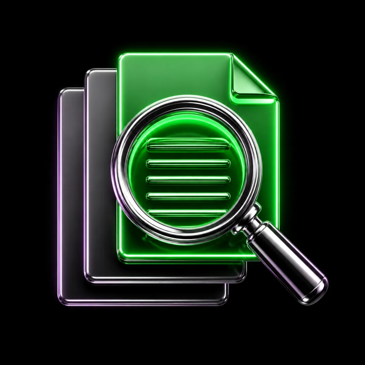 A glossy chrome magnifying glass laid over a neat stack of document tiles, one page glowing, illustrating research done before a decision.