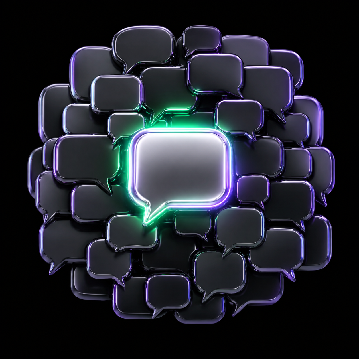 A dense cluster of chrome speech bubbles with one at the centre lit up and the rest faded into the dark.