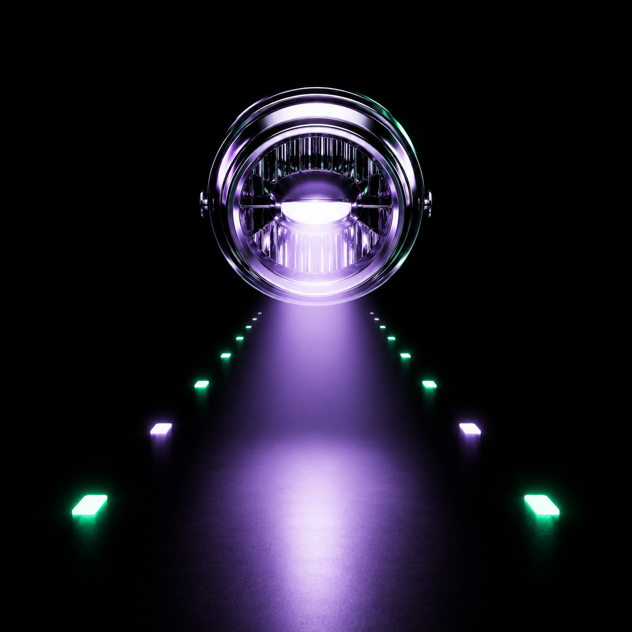 A glossy chrome car headlight casting a single beam forward into the dark with faint glowing road markers ahead, illustrating a company projecting its own outlook.