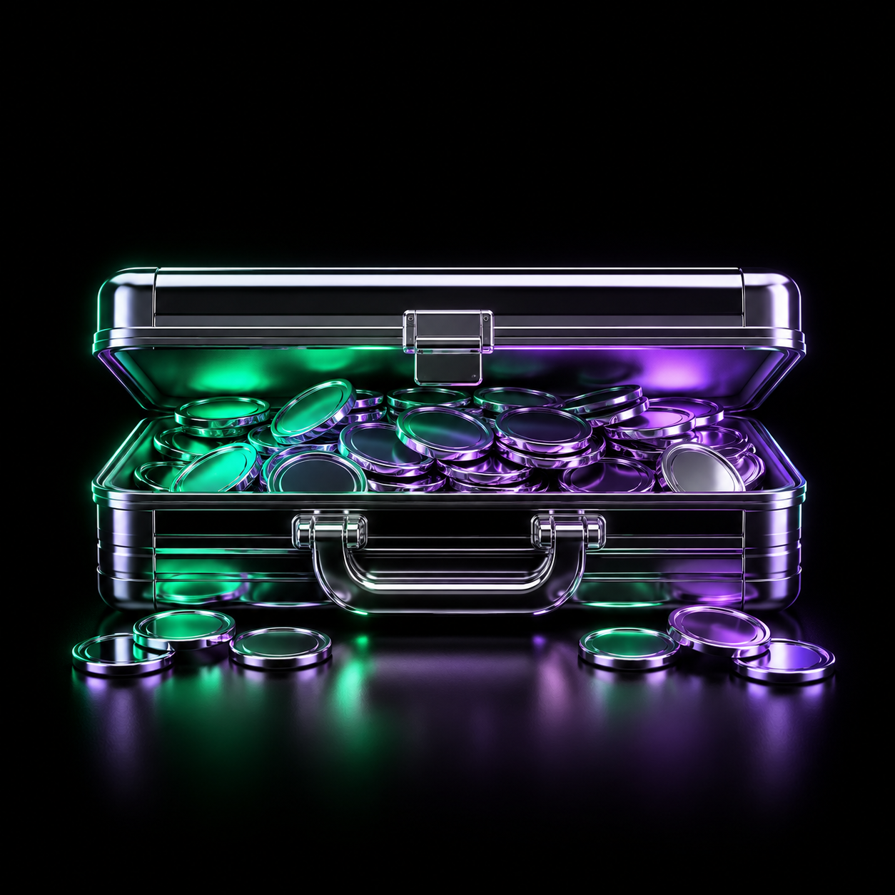 A glossy chrome briefcase slightly ajar with glowing coins spilling from the opening, illustrating executives putting their own money into their own company.